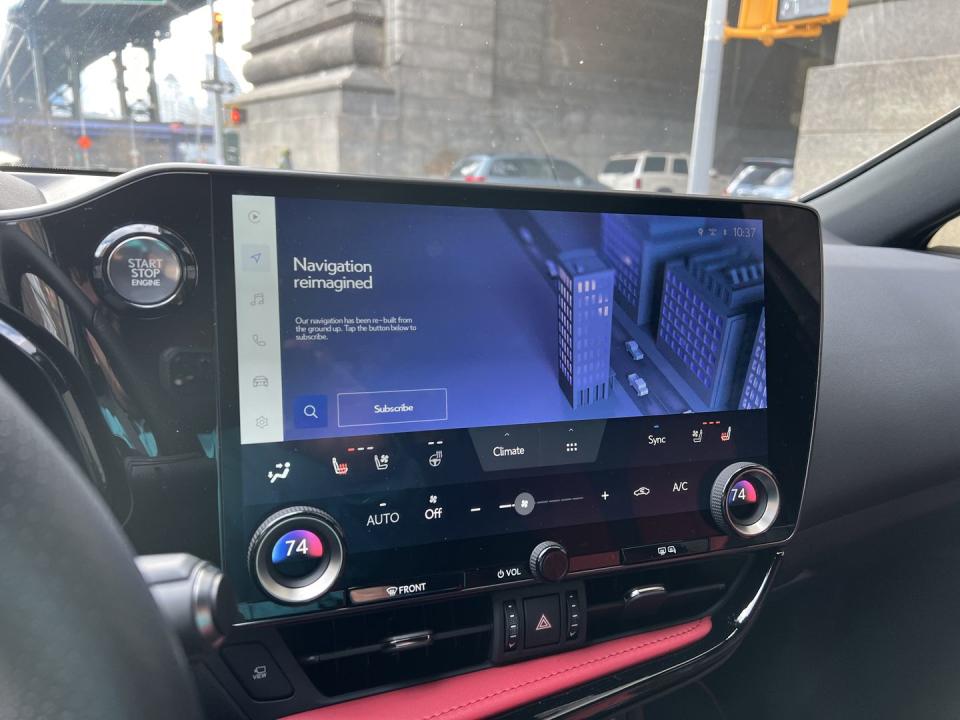 <p>The dashboard of the NX 350 is occupied by a vast 14-inch touchscreen that controls the car's infotainment system and climate controls. The built-in system is a bit busy, but easy to operate once you get used to it. Thankfully <strong>wireless Apple CarPlay and Android Auto</strong> make navigation and music an easy affair. </p>