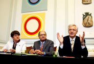 DUP leader Arlene Foster, Conservative MP Shailesh Vara and David Davis, former Secretary of State for Exiting the European Union, attend the launch of A Better Deal in London, Britain, December 12, 2018. REUTERS/Henry Nicholls