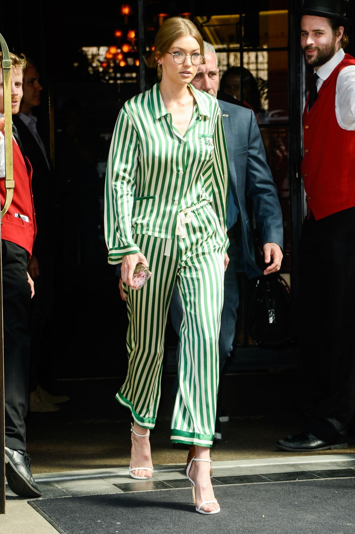 Gigi Hadid recently stepped out in a striped pajama set in New York City. (Photo: Getty Images)