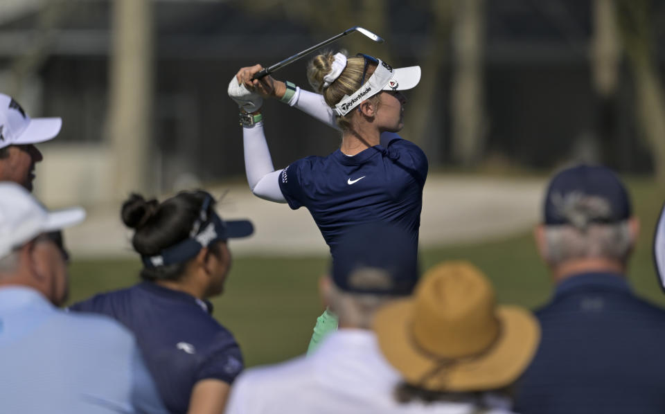 Nelly Korda hits off the ninth tee during the first round of the LPGA Drive On Championship golf tournament at Bradenton Country Club, Thursday, Jan. 25, 2024, in Bradenton, Fla. (AP Photo/Steve Nesius)