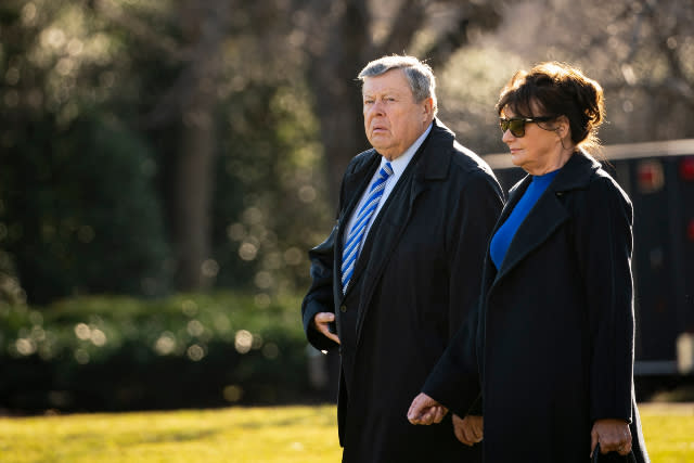 Viktor Knavs and Amalija Knavs, parents of first lady Melania Trump, walk to board Marine One on the South Lawn of the White House in Washington, D.C., U.S., on Friday Jan. 17, 2020. 