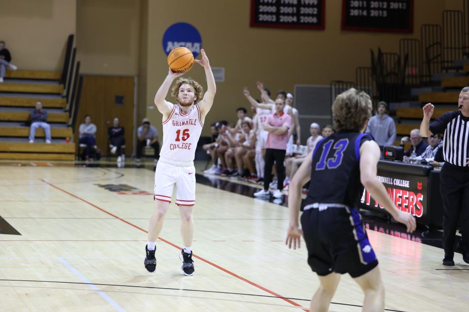 Dean Mazlish launches a 3-pointer during Grinnell's game Thursday night.