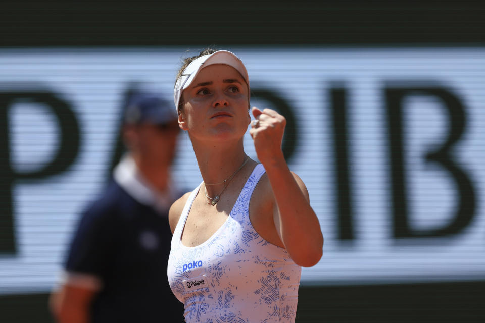Ukraine's Elina Svitolina reacts during her quarterfinal match against Aryna Sabalenka of Belarus on Tuesday at the French Open. (AP Photo/Aurelien Morissard)