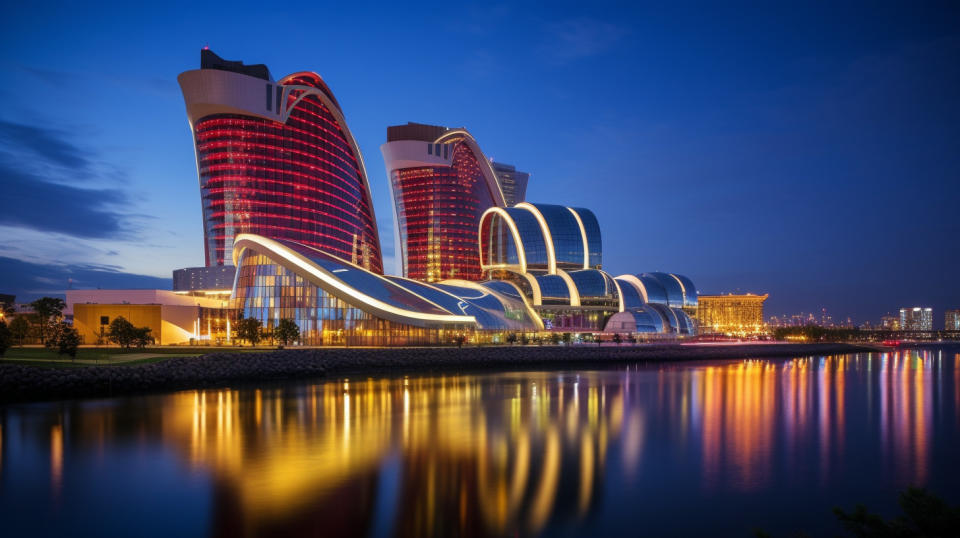 A bright and luxurious casino resort illuminated by the twilight skyline.