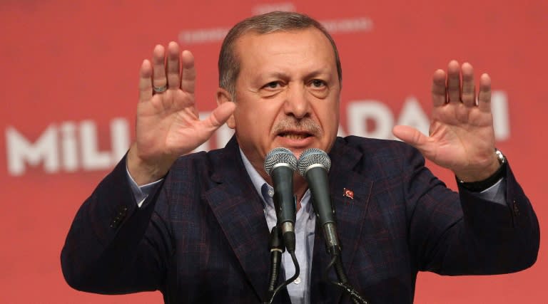 Turkish President Recep Tayyip Erdogan addresses the audience during his visit in Karlsruhe, southwestern Germany on May 10, 2015