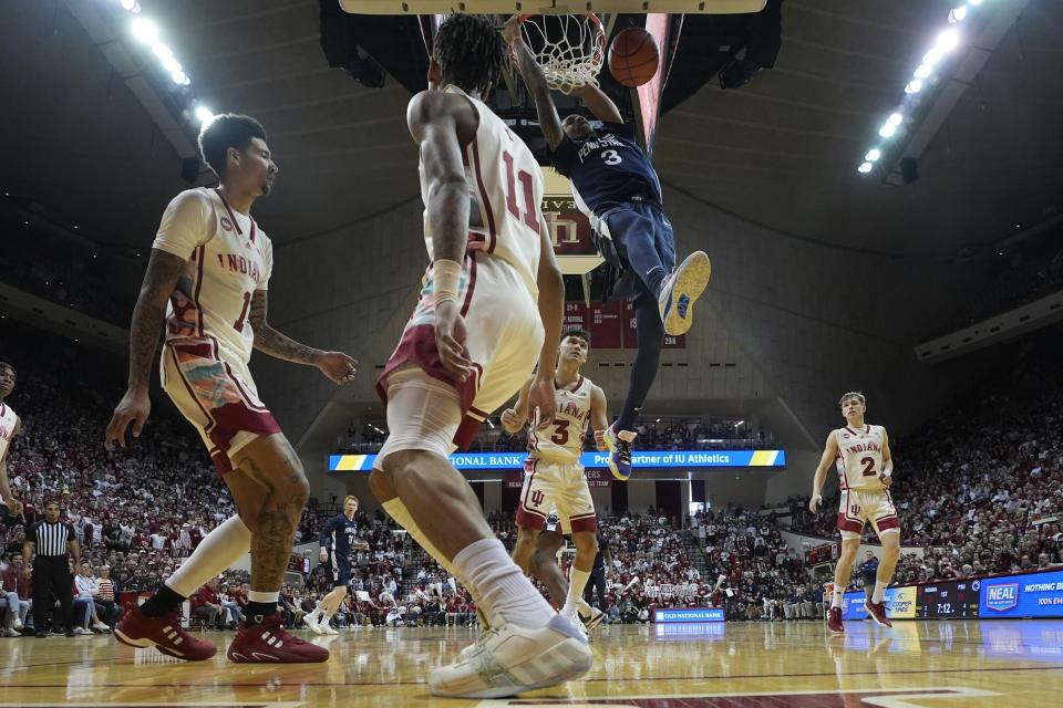 Penn State's Nick Kern Jr. (3) dunks during the first half of an NCAA college basketball game against Indiana, Saturday, Feb. 3, 2024, in Bloomington, Ind. (AP Photo/Darron Cummings)