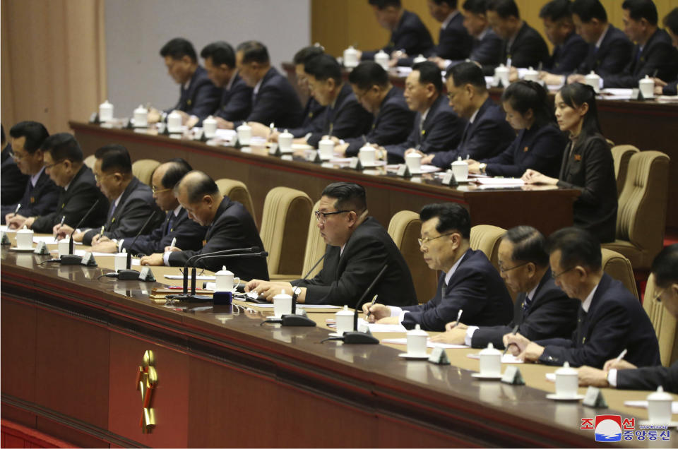This photo provided by the North Korean government shows North Korean leader Kim Jong Un, center, attends a meeting of ruling Workers' Party of Korea in Pyongyang, North Korea Saturday, Feb. 26, 2022. North Korea launched a ballistic missile into the sea on Sunday, Feb. 27, its neighbors said, in a resumption of weapons tests that came as the United States and its allies are focused on Russia’s invasion of Ukraine. Independent journalists were not given access to cover the event depicted in this image distributed by the North Korean government. The content of this image is as provided and cannot be independently verified. Korean language watermark on image as provided by source reads: "KCNA" which is the abbreviation for Korean Central News Agency. (Korean Central News Agency/Korea News Service via AP)