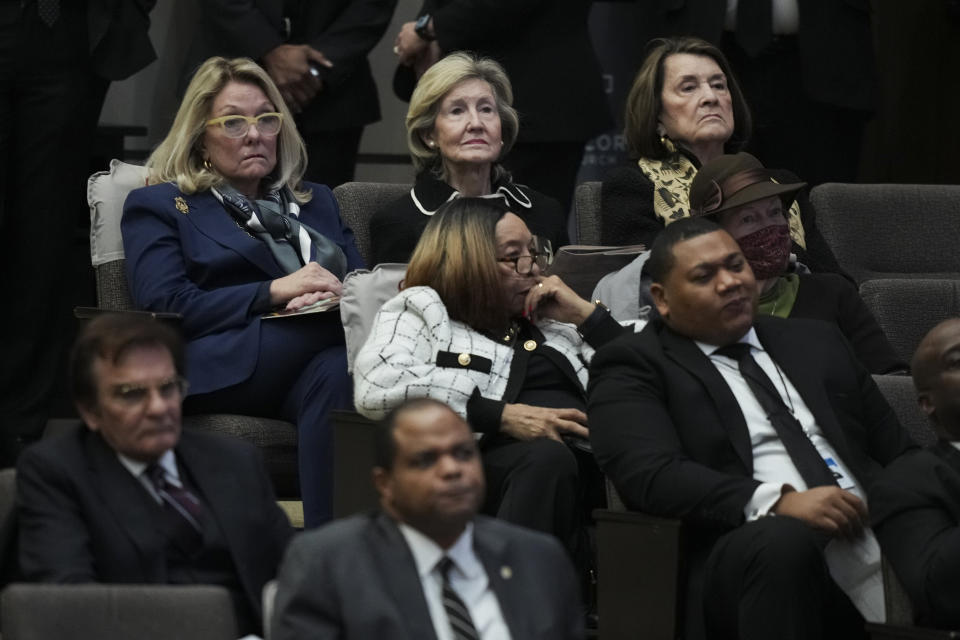 Former Sen. Kay Bailey Hutchison, top center, listens to a speaker during funeral services for former U.S. Rep. Eddie Bernice Johnson at Concord Church on Tuesday, Jan. 9, 2024, in Dallas. Johnson, a trailblazing North Texas Democrat who served 15 terms in Congress, died at age 89 on Dec. 31. (Smiley Pool/The Dallas Morning News via AP, Pool)