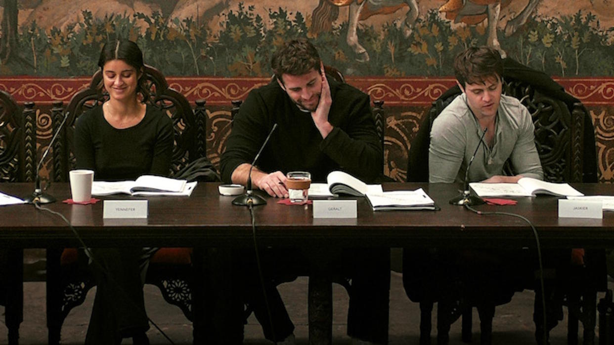  The Witcher season 4 promo image - Anya Chalotra, Liam Hemsworth, and Joey Batey in a season 4 script reading session. 