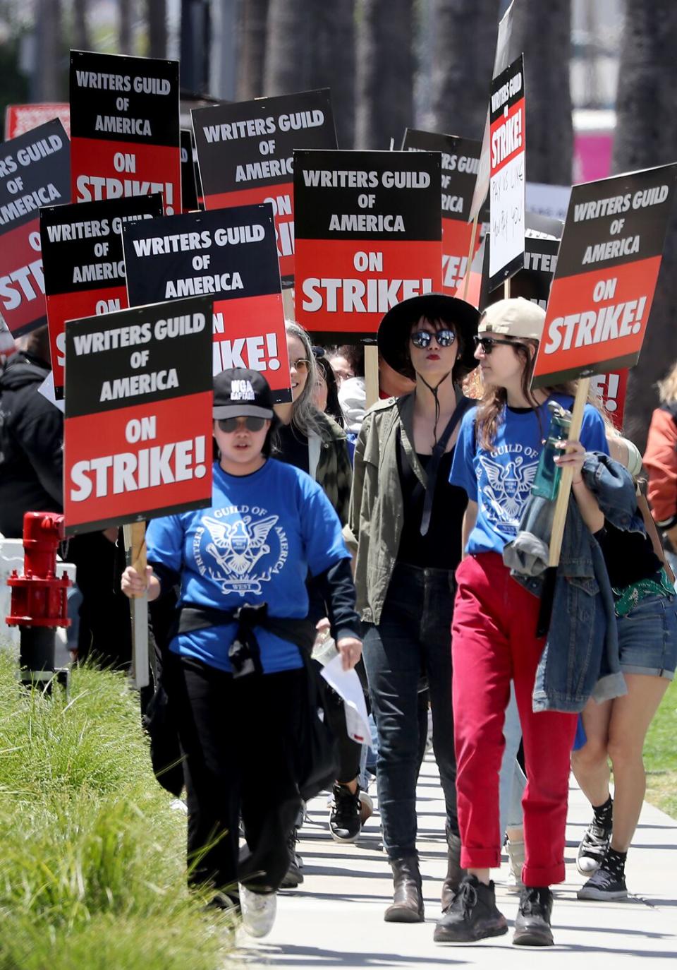 People holding up "Writers Guild of America on Strike!" pickets walk on a sidewalk.