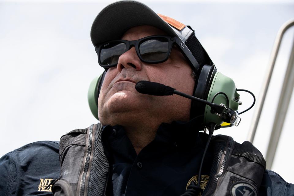 Texas Border Czar Mike Banks navigates in the Rio Grande in Eagle Pass, Texas during his visit to Shelby Park in Eagle Pass, Texas on April 16, 2024.