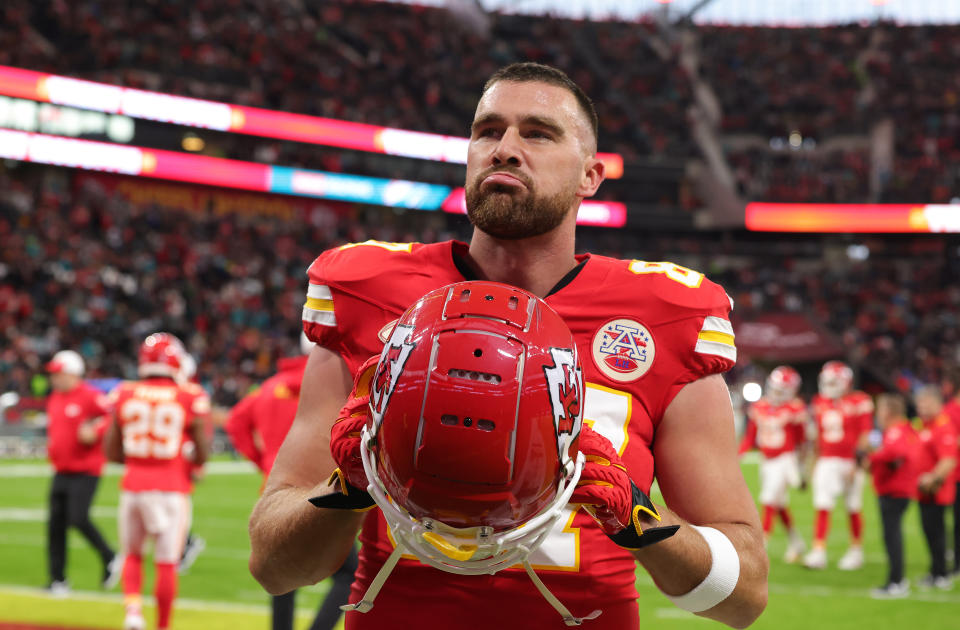 FRANKFURT AM MAIN, GERMANY - NOVEMBER 5: Travis Kelce of Kansas City Chiefs looks on ahead of the NFL match between Miami Dolphins and Kansas City Chiefs at Deutsche Bank Park on November 5, 2023 in Frankfurt am Main, Germany. (Photo by Ralf Ibing - firo sportphoto/Getty Images)