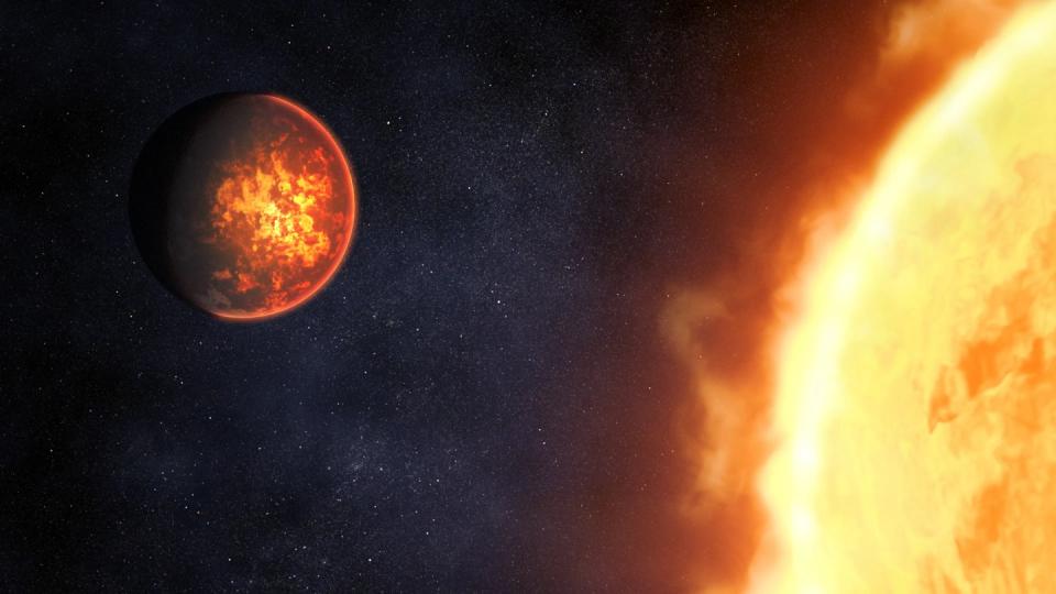 這是NASA在2022年所製作的插圖，展示了系外行星55 Cancri e的模樣。55 Cancri e是一顆岩石行星，直徑幾乎是地球的兩倍，距離其類太陽恆星僅0.015天文單位。由於軌道非常緊密，這顆行星極為炎熱，白天一側的溫度可達華氏4400度（約攝氏2400度）。圖片來源：NASA。