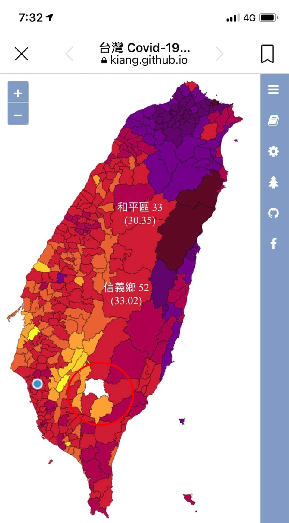 有網友眼尖發現「這地區」超級白，在全台一片紅中顯得突兀（紅圈處）。（圖／翻攝自爆廢公社）