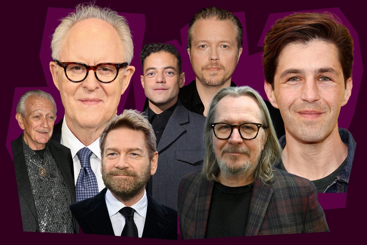 A purple background with cutouts of celebrities' photos from shoulders up. In order from left to right, top row and then bottom row: Charlie Musselwhite, John Lithgow, Rami Malek, Jason Isbell, Josh Peck, Kenneth Branagh, and Gary Oldman.