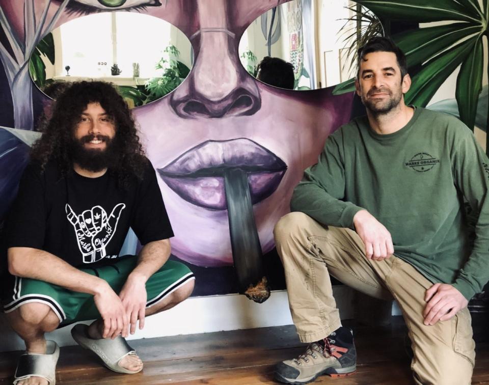 Mark Quinn, right, and Johnny Gallagher are seen here in the lobby of Marks Organix, the cannabis store that Quinn owns and Gallagher manages on State Road in Kittery, Maine, on April 19, 2023. Quinn is hoping to expand his business into Wells, Maine.