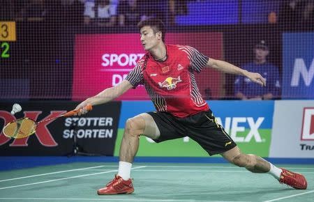 Chen Long of China plays against Son Wan-ho (not pictured) of South Korea during the men's singles badminton final at the Denmark Open 2014 in Odense October 19, 2014. REUTERS/Claus Fisker/Scanpix Denmark