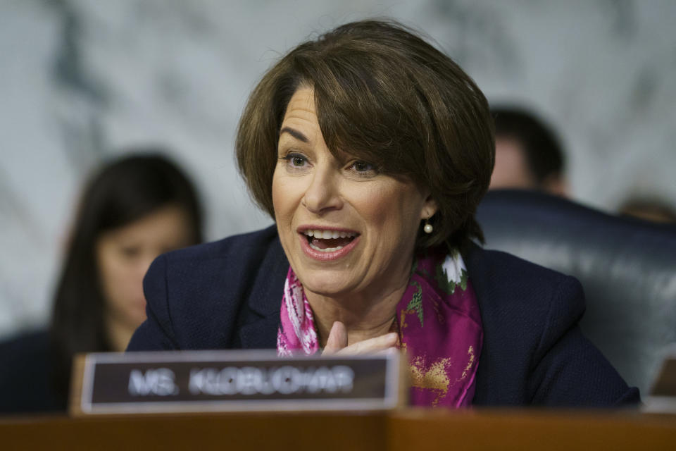 FILE - In this Jan. 15, 2109 file photo, Senate Judiciary Committee member Sen. Amy Klobuchar, D-Minn., during a Senate Judiciary Committee hearing on Capitol Hill in Washington. (AP Photo/Carolyn Kaster)