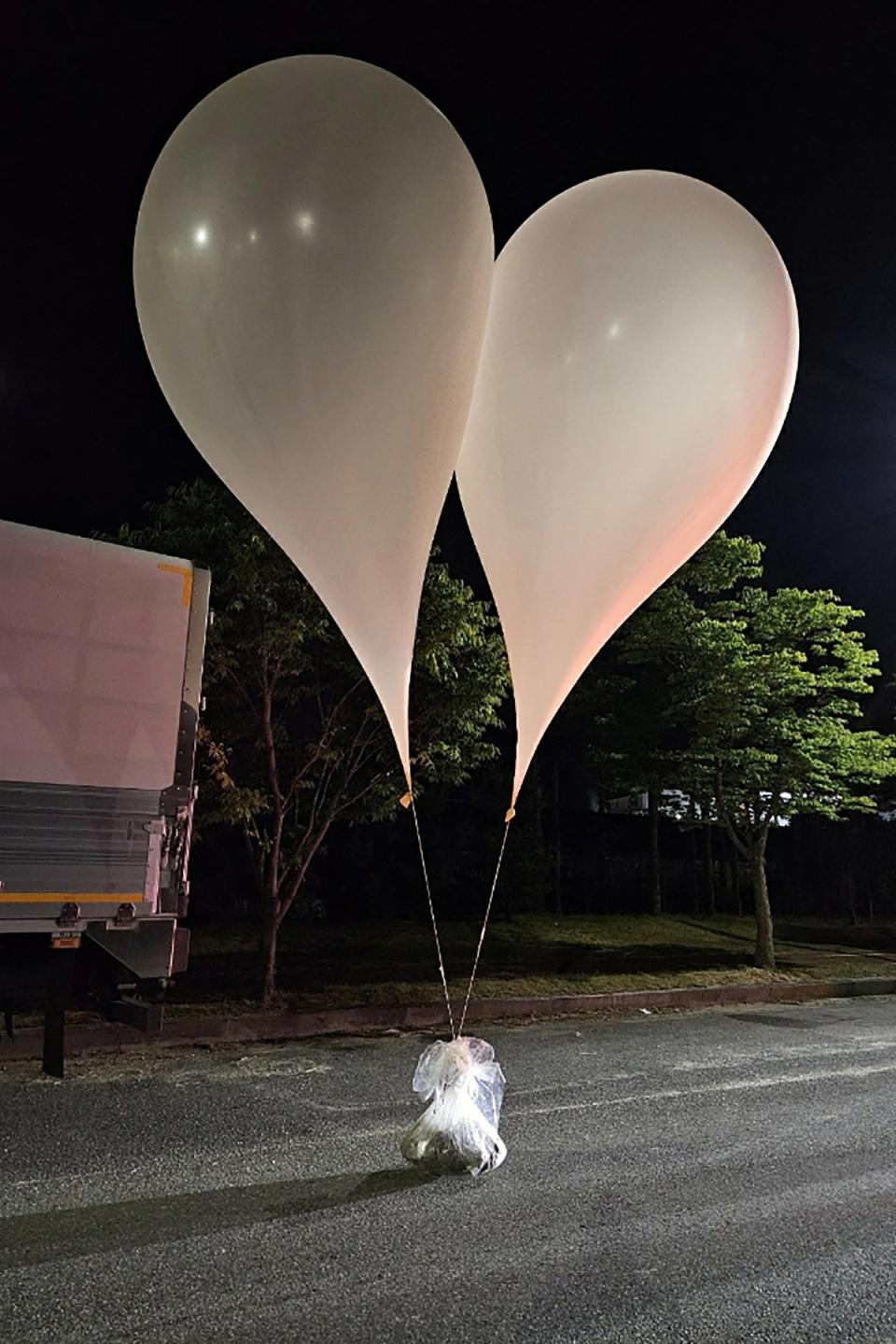A picture released by the South Korean Defence Ministry on 29 May shows objects thought to be North Korean propaganda material attached to balloons on a street in Chungnam province (South Korean Defence Ministry)