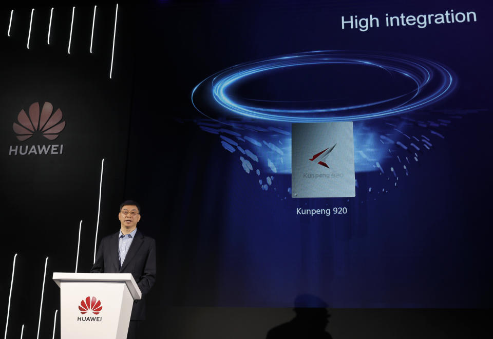 William Xu, director, chief strategy marketing officer, chairman of the Investment Review Board of Huawei, speaks during an unveiling ceremony for a processor chip in Shenzhen, China, Monday, Jan. 7, 2019. Chinese telecom giant Huawei unveiled a processor chip for data centers and cloud computing as it expands into an emerging global market despite Western warnings the company might be a security risk. (AP Photo/Vincent Yu)