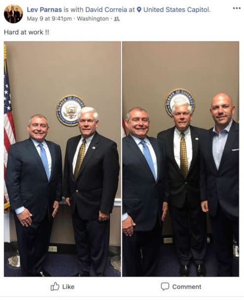 PHOTO: This Facebook screen shot provided by The Campaign Legal Center, shows from left, Lev Parnas with former Rep. Pete Sessions. In the right photo, Lev Parnas, former Rep. Pete Sessions, and David Correia, in Washington, D.C., posted on May 9, 2018. (The Campaign Legal Center via AP)