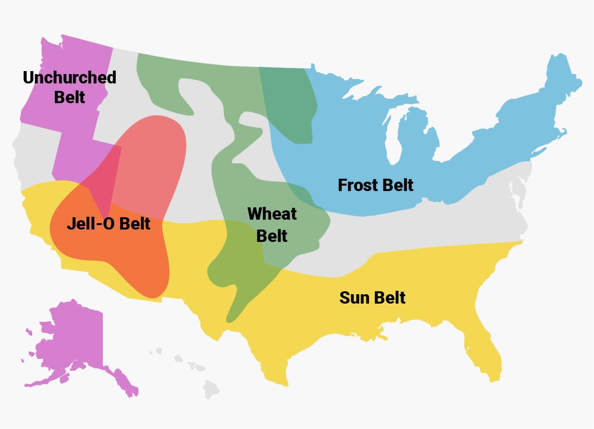 A map of the US that shows different belts highlighted in various colors.