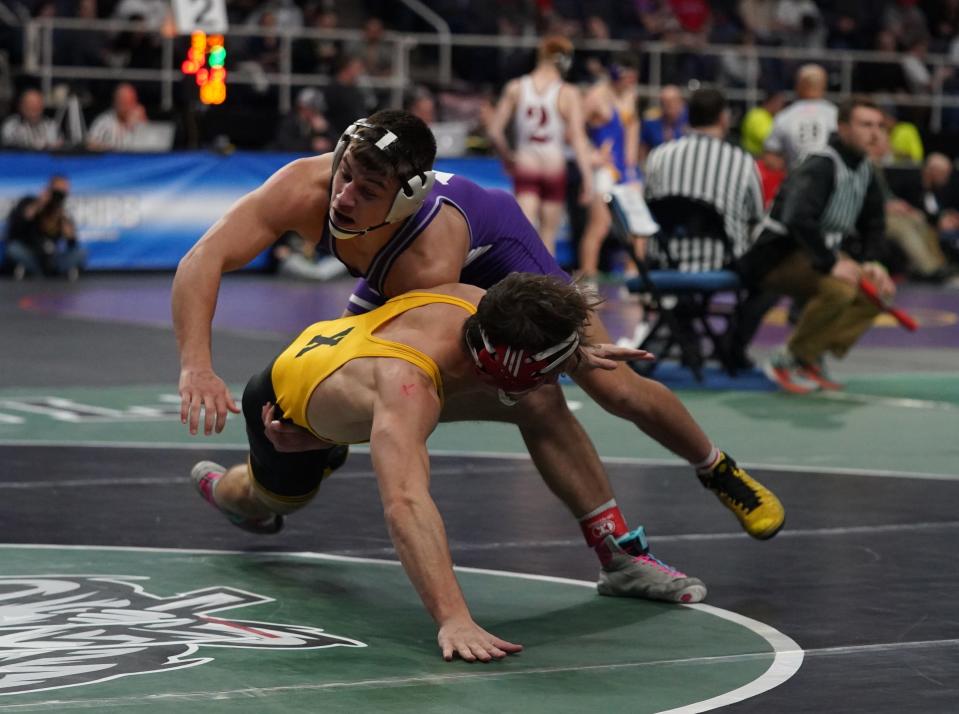 Attica Batavia's Casper Stewart wrestles in the second round matches of the NYSPHSAA Wrestling Championships at MVP Arena in Albany, on Friday, February 24, 2023.