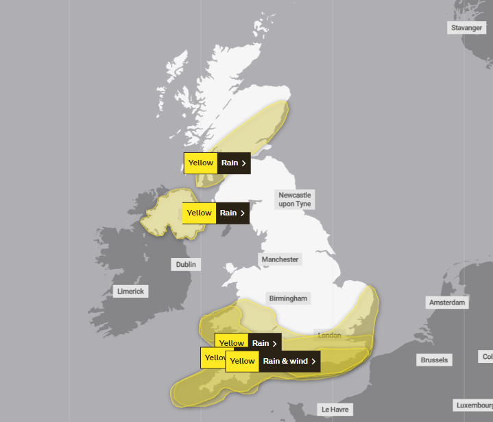 There are five yellow weather warnings in place across the UK (Met Office)