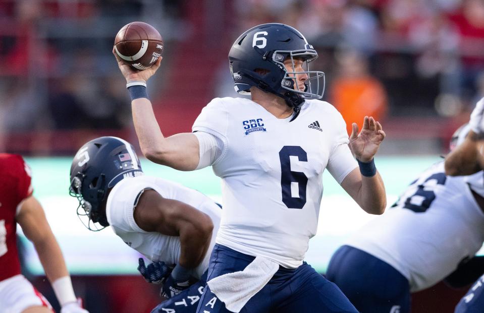Georgia Southern quarterback Kyle Vantrease (6) looks to pass against Nebraska during the first half on Saturday, Sept. 10, 2022, in Lincoln, Neb.