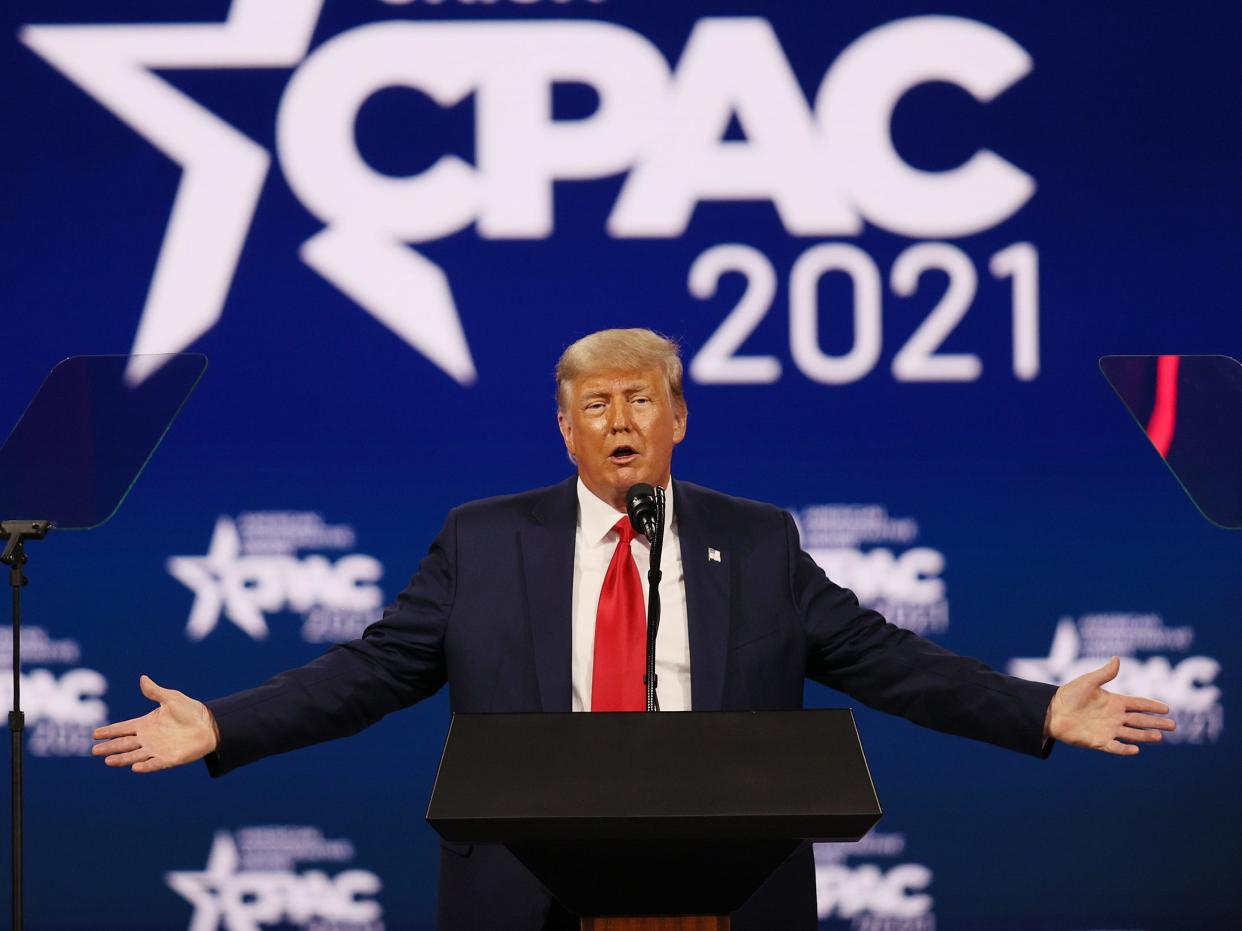 ORLANDO, FLORIDA - FEBRUARY 28: Former President Donald Trump addresses the Conservative Political Action Conference held in the Hyatt Regency on February 28, 2021 in Orlando, Florida. Begun in 1974, CPAC brings together conservative organizations, activists, and world leaders to discuss issues important to them. (Photo by Joe Raedle/Getty Images)