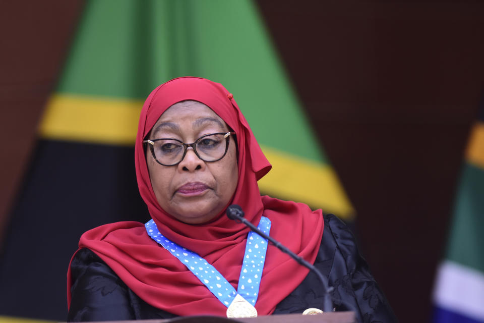 Tanzanian President Samia Suluhu Hassan at a news conference in Pretoria, South Africa, Thursday, March 16, 2023. Hassan, on a state visit to the country, has urged more security cooperation and trade between the two countries.(AP Photo/Frans Sello waga Machate)