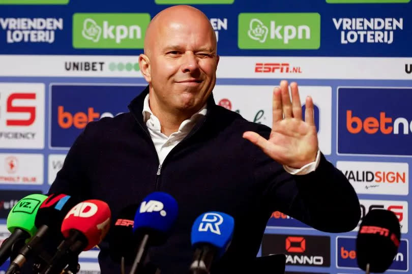 Head coach Arne Slot of Feyenoord looks on after the Dutch Eredivisie match between Go Ahead Eagles and Feyenoord at De Adelaarshorst on April 25, 2024 in Deventer, Netherlands.