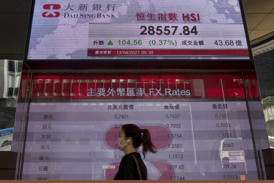 A woman wearing a face mask walks past a bank's electronic board showing the Hong Kong share index at Hong Kong Stock Exchange in Hong Kong Tuesday, April 13, 2021. Asian shares were mostly higher on Tuesday with hopes growing for a global economic rebound despite worries over renewed surges in coronavirus cases. (AP Photo/Vincent Yu)