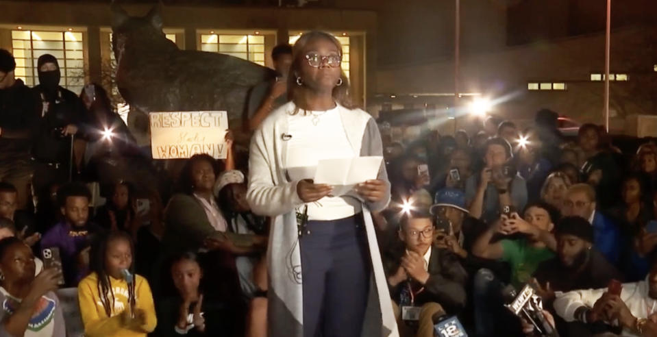 University of Kentucky student Kylah Spring speaks at a rally following a racist assault on another Black student and her, captured on video on Nov. 6, 2022. (WLEX)