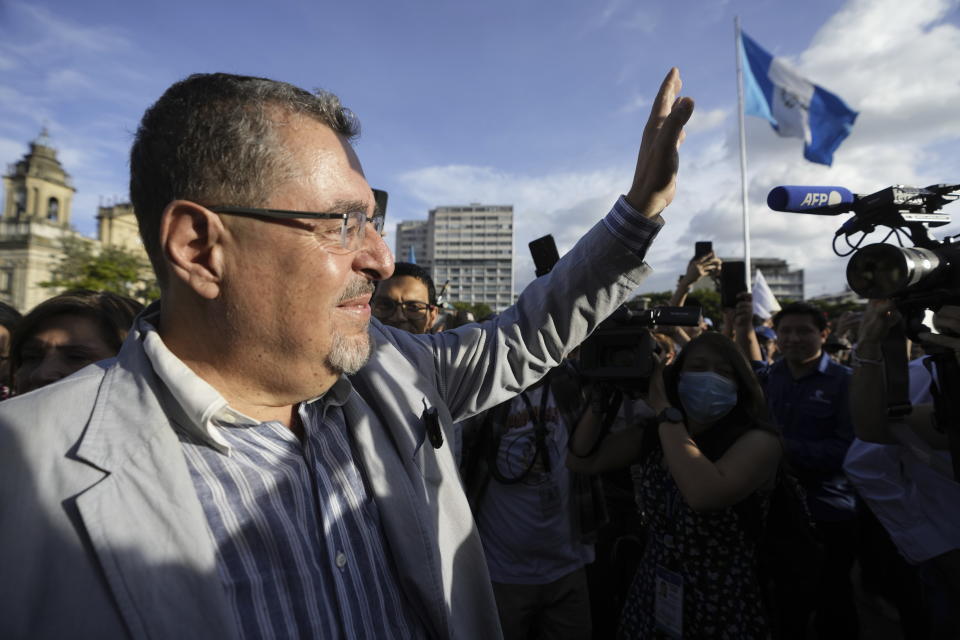 Presidential candidate Bernardo Arevalo of the Semilla party arrives to celebrate with supporters at Constitution Square in Guatemala City, Monday, June 26, 2023. Arevalo and former first lady Sandra Torres of the UNE party are going to an Aug. 20 presidential runoff. (AP Photo/Moises Castillo)