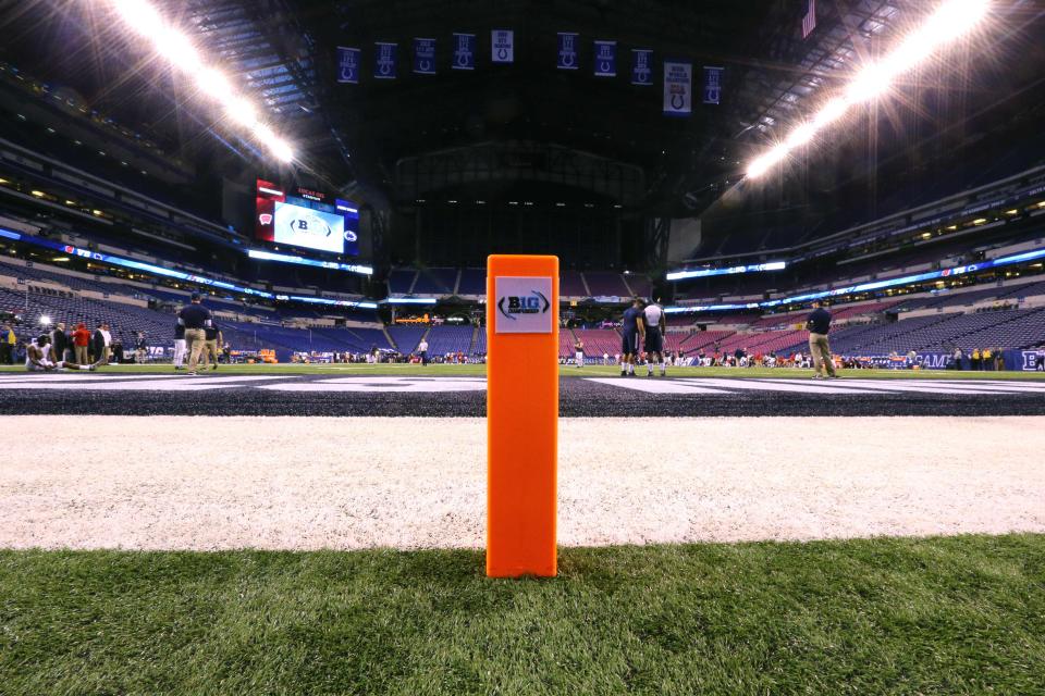 Dec 3, 2016; Indianapolis, IN, USA; A view of the Big Ten logo on an end zone pylon prior to the game of the Penn State Nittany Lions against the Wisconsin Badgers in the Big Ten Championship college football game at Lucas Oil Stadium. Mandatory Credit: Aaron Doster-USA TODAY Sports