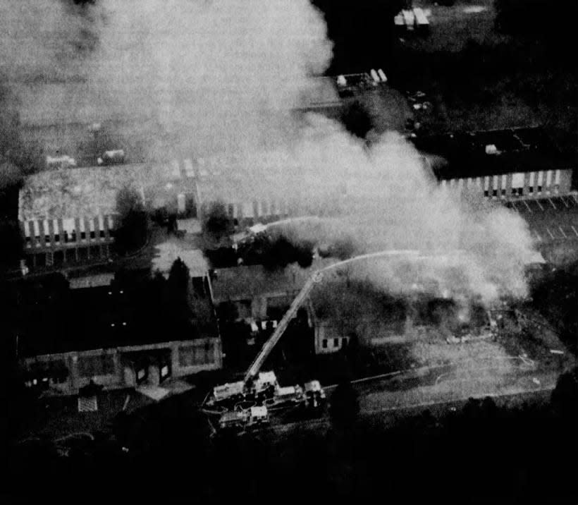 An aerial view of the blaze at the rear of the Arenol Chemical Corp. plant on Meister Avenue in Branchburg. The fire was sparked by a blast that started about 7:30 p.m. on Monday, Aug. 3, 1998.