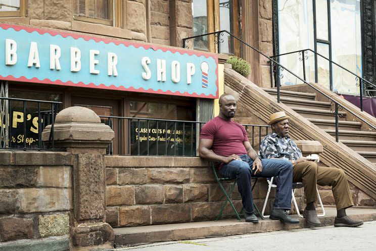 Mike Colter and Frankie Faison in 'Luke Cage' (Credit: Myles Aronowitz/Netflix)