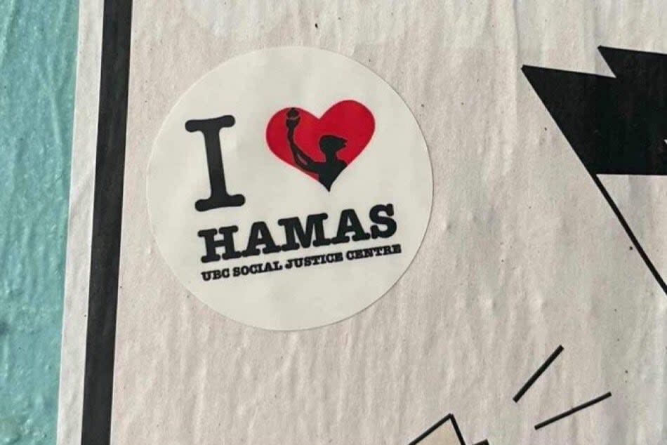A photo of an I <3 Hamas sticker posted on Instagram by UBC professor Vadim Marmer. Marker deleted his post and issued an apology to student-run advocacy group UBC Social Justice Centre after learning they were not behind the post. The original Instagram post was picked up and shared on X, formerly known as Twitter, leading to threats against the racialized students who run the organization. 