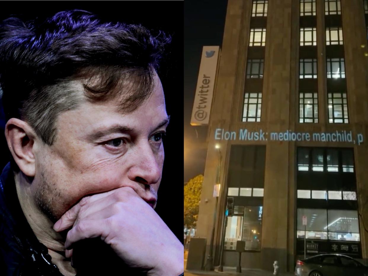 Someone projected insults aimed at Elon Musk on Twitter's San Francisco headquarters Thursday night.