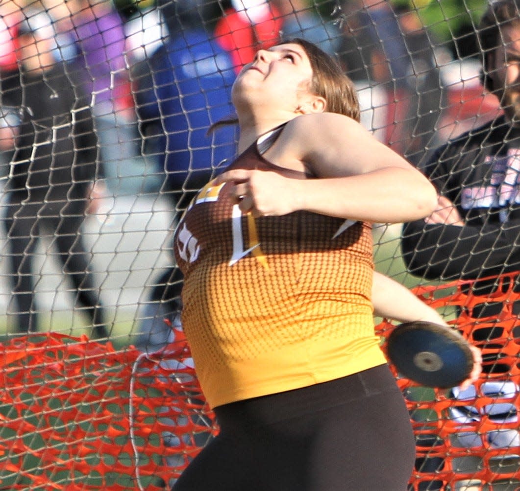 Clarkstown South's Maggie Hansen prepares to release the discus during the May 18, 2023 Rockland County Track and Field Championships at Spring Valley High School. Hansen threw a personal best for the win.