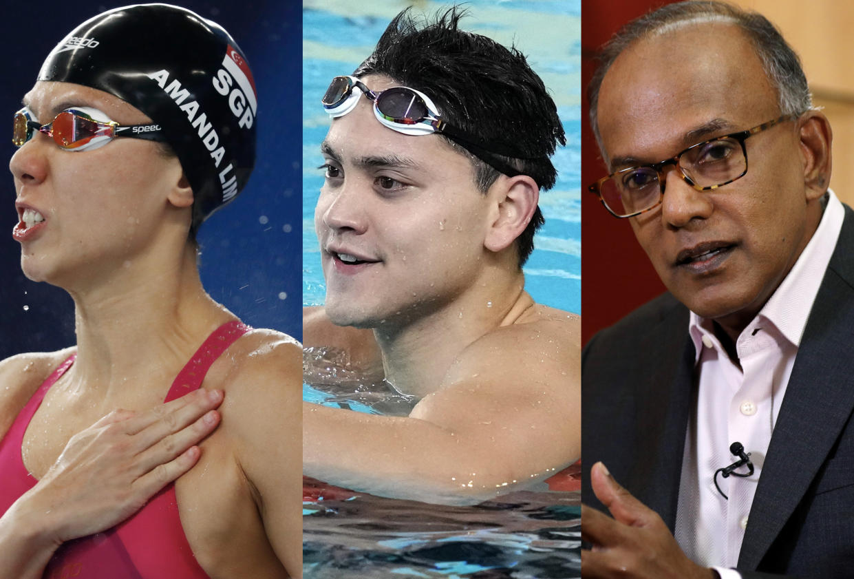 Swimmers Amanda Lim and Joseph Schooling, and Law and Home Affairs Minister K Shanmugam. (PHOTOS: Reuters)