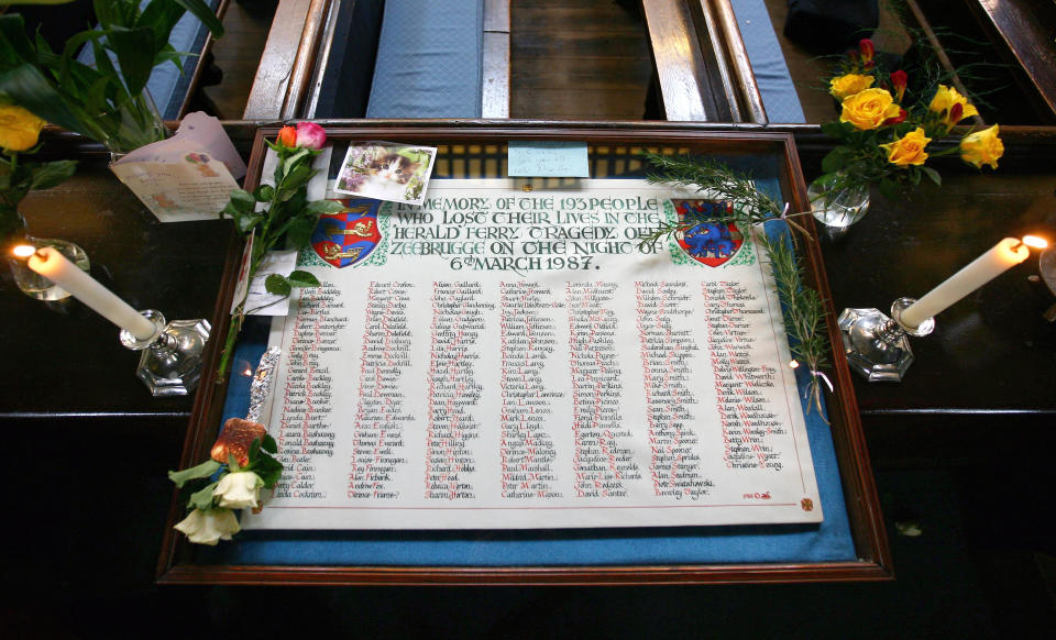 A general view of the board containing the names of the 193 victims in St. Mary's the Vigin Church in Dover Kent, before the 25th Anniversary Service of Remembrance commemorating those who were lost in The Herald of Free Enterprise disaster on March 6th 1987.