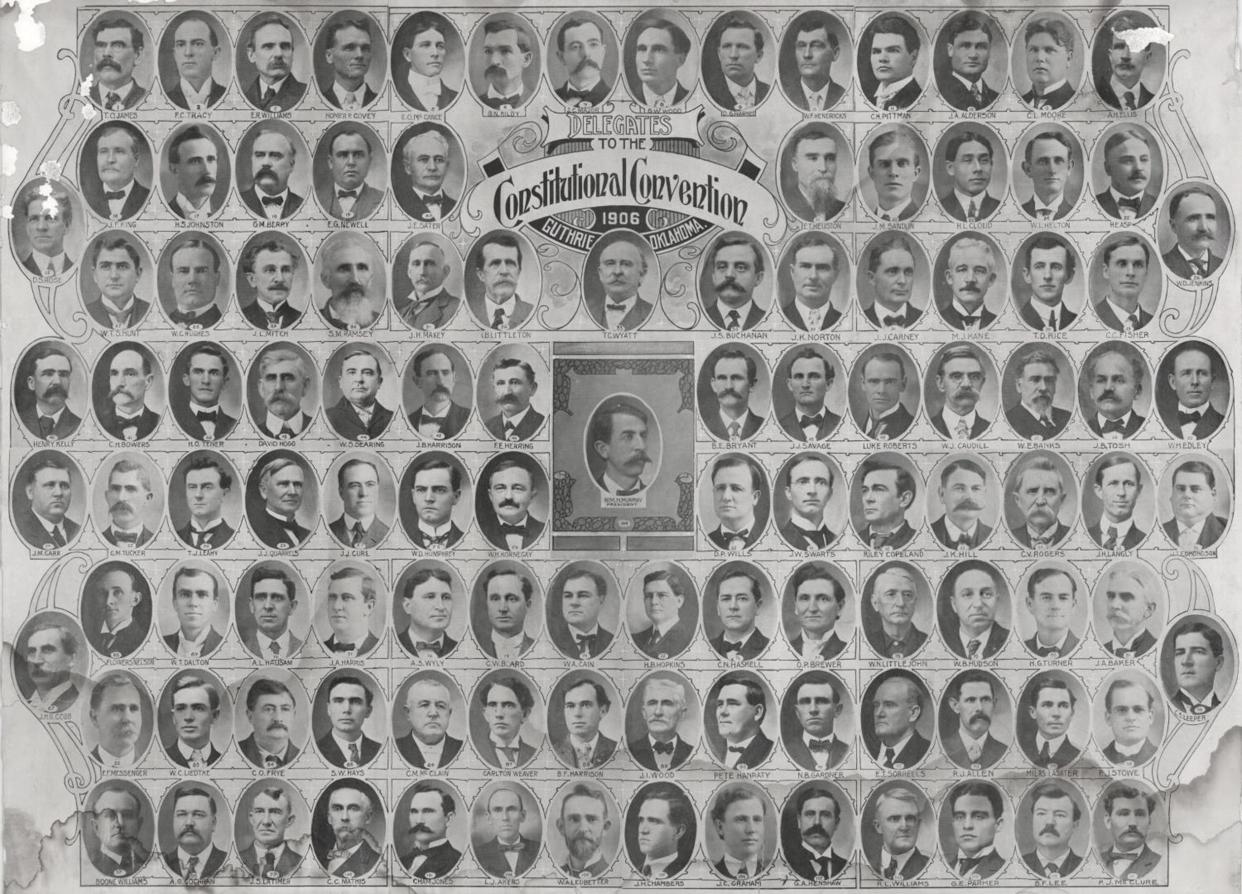 Photograph of delegates of Oklahoma's first Constitutional Convention in Guthrie, Organized Territory (OK), c. 1906.