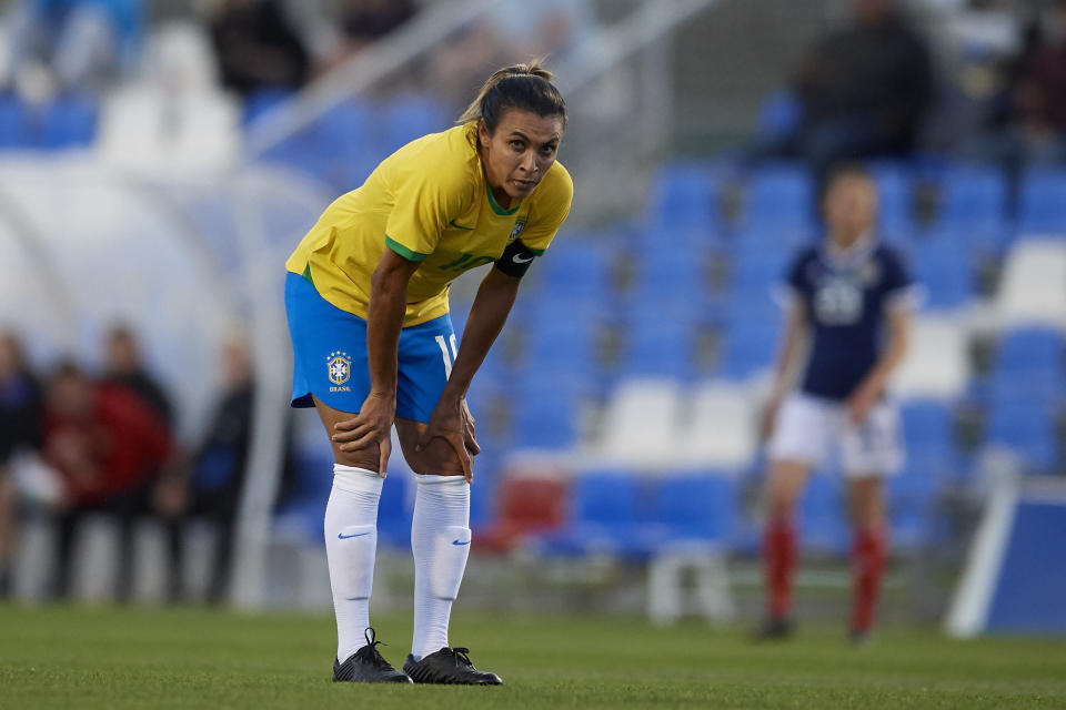 Marta Silva of Brazil looks on during the international friendly match between Brazil W and Scotland W at Pinatar Arena on April 08, 2019 in San Pedro del Pinatar, Spain. (Photo by Jose Breton/NurPhoto via Getty Images)