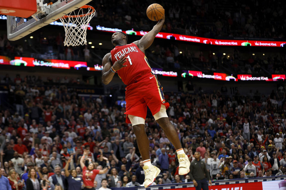 NEW ORLEANS, LOUISIANA - DECEMBER 09: Zion Williamson #1 of the New Orleans Pelicans dunks the ball during the fourth quarter of an NBA game against the Phoenix Suns at Smoothie King Center on December 09, 2022 in New Orleans, Louisiana. NOTE TO USER: User expressly acknowledges and agrees that, by downloading and or using this photograph, User is consenting to the terms and conditions of the Getty Images License Agreement. (Photo by Sean Gardner/Getty Images)