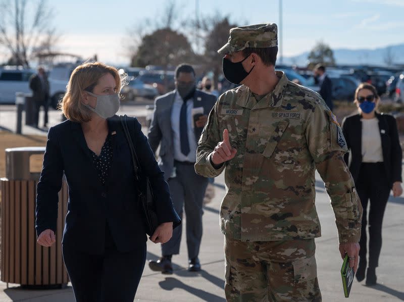 Deputy Secretary of Defense Hicks speaks with Space Training and Readiness Command Deputy Commander Brig. Gen. Moore during trip to Schriever Space Force Base, Colorado
