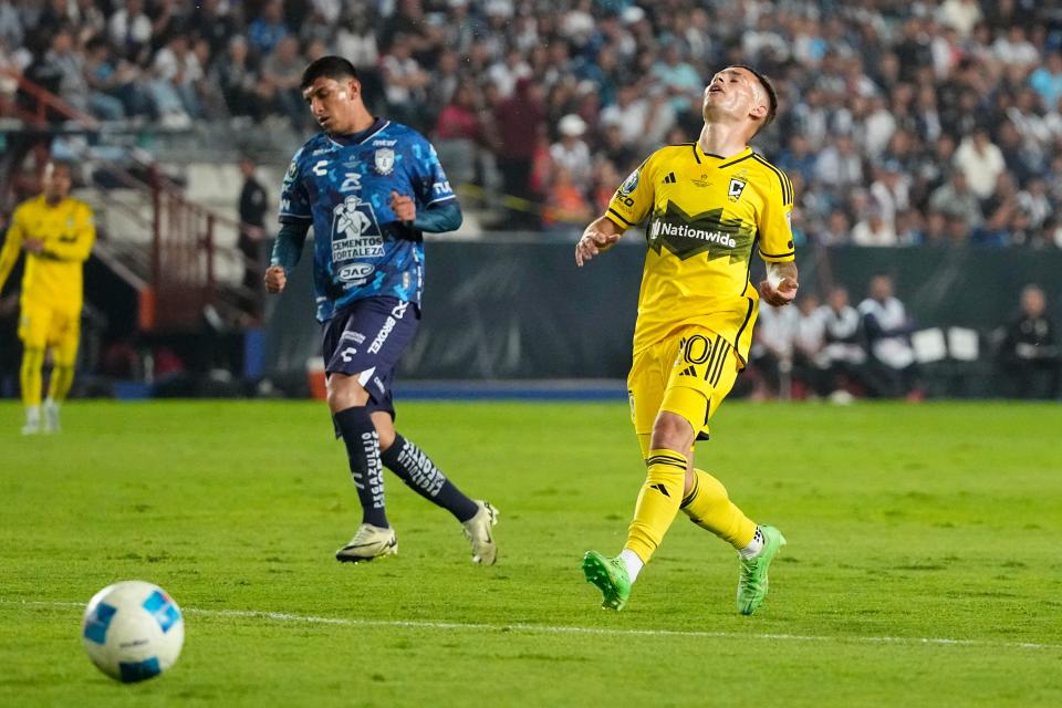 Jun 1, 2024; Pachuca, Hidalgo, Mexico; Columbus Crew midfielder Alexandru Matan (20) reacts in the first half against CF Pachuca in the 2024 CONCACAF Champions Cup Championship at Estadio Hidalgo. Mandatory Credit: Adam Cairns-USA TODAY Sports