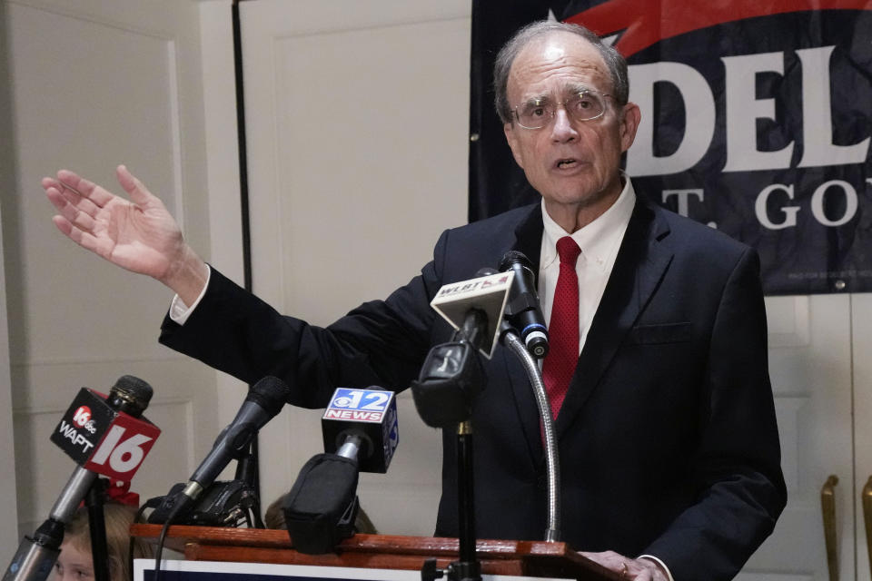 Mississippi Republican Lt. Gov. Delbert Hosemann addresses supporters in Jackson, Miss., after winning the Republican primary for lieutenant governor Tuesday, Aug. 8, 2023. Hosemann defeated two challengers in his bid for the nomination. (AP Photo/Rogelio V. Solis)