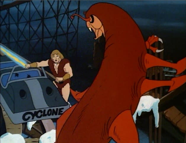 Thundarr and the alien vampire fight on Lakeside Amusement Park's Cyclone coaster.
